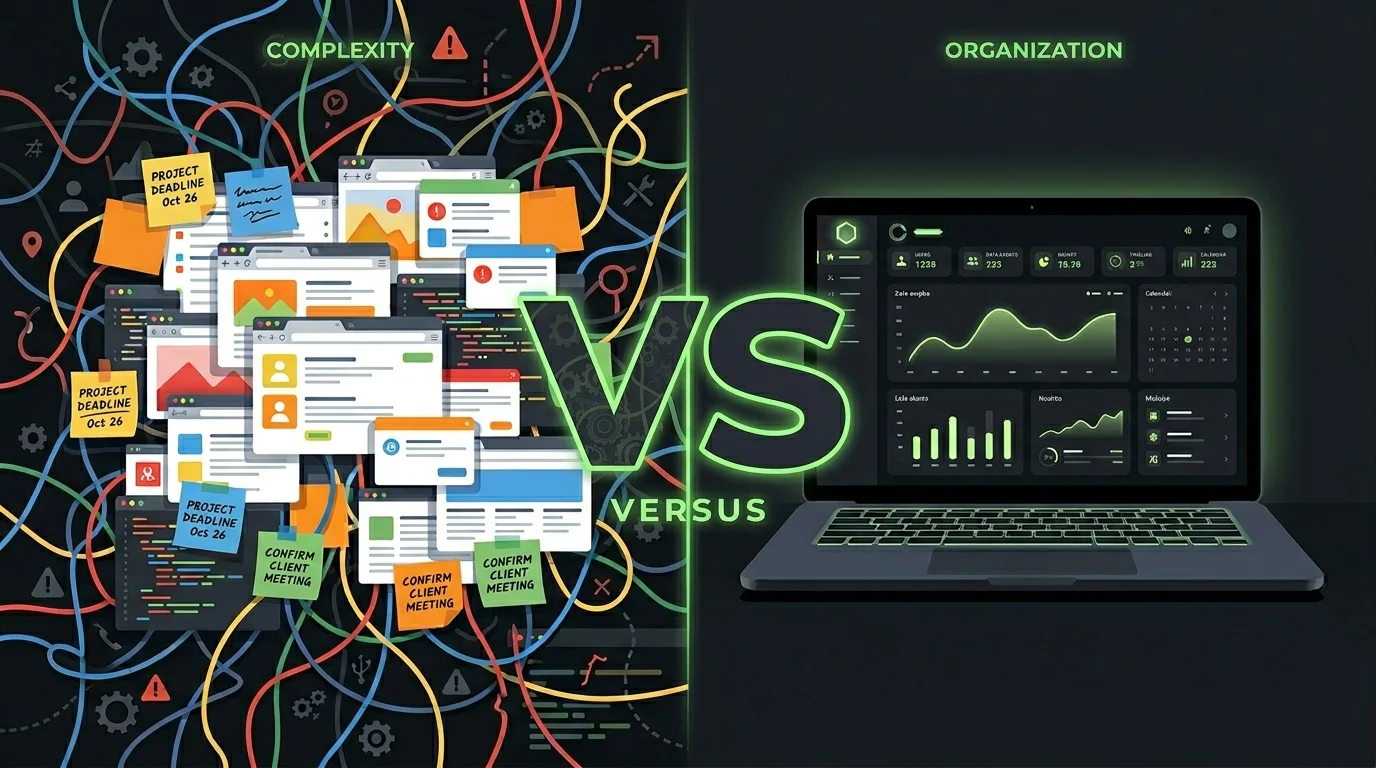 A split image comparing a chaotic, tangled computer interface on the left VS a clean, organized laptop dashboard on the right.