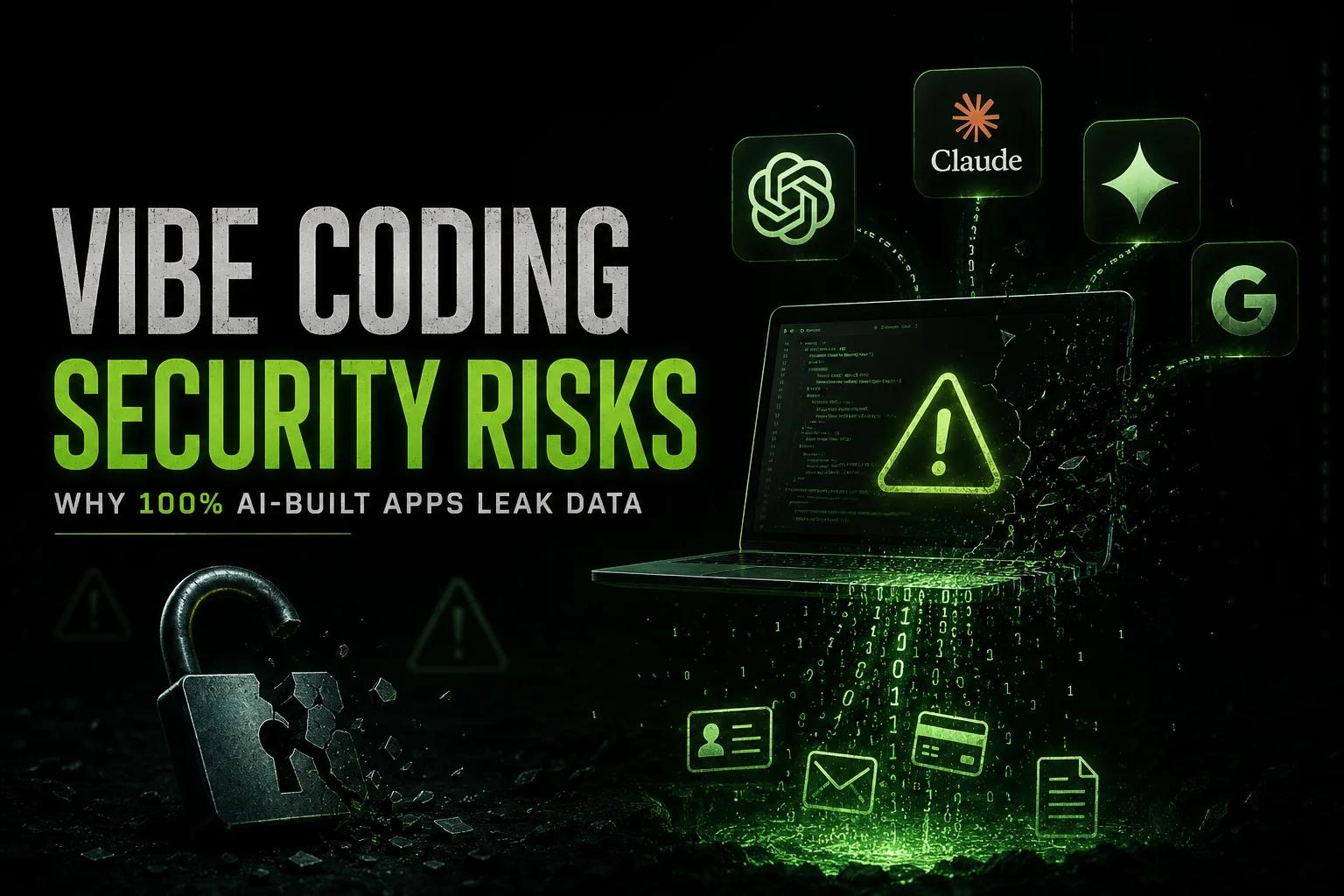 Dark black and green blog cover showing AI coding security risks with AI logos, a cracked laptop, and leaking data visuals.